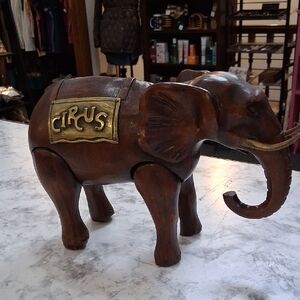 Wooden Elephant Figurine with Brass Circus Plaque